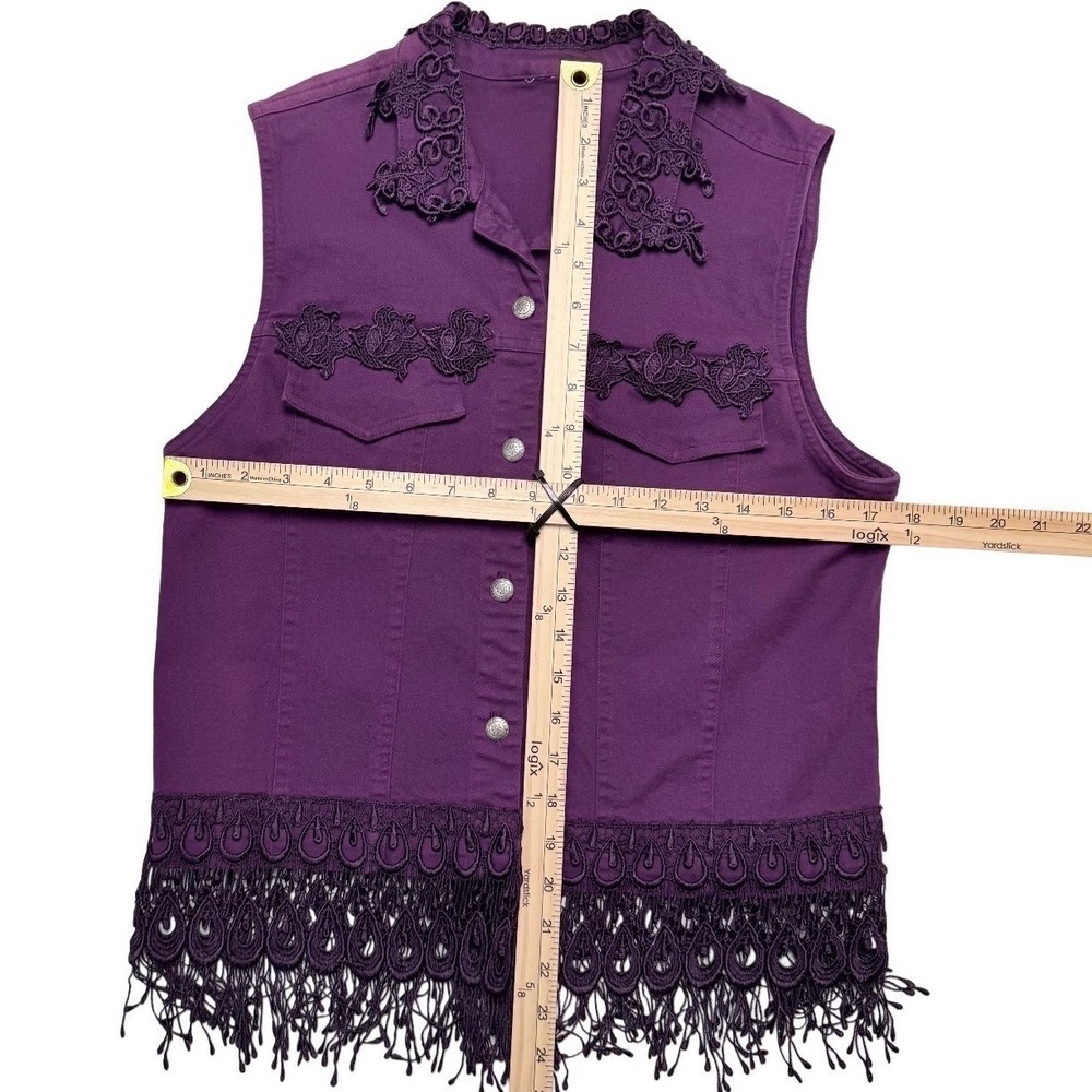 Vintage 90s Boho Medium Lace Cotton Denim Vest Purple Fringe Festival Fairy Goth - Picture 6 of 10